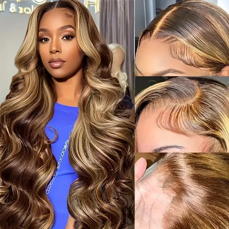 P4/27 Highlight  Brown Body Wave 13x6 Human Hair Wig Honey Blonde Colored 13x4 HD Lace PrePlucked 40 46 Inch Wigs For Women