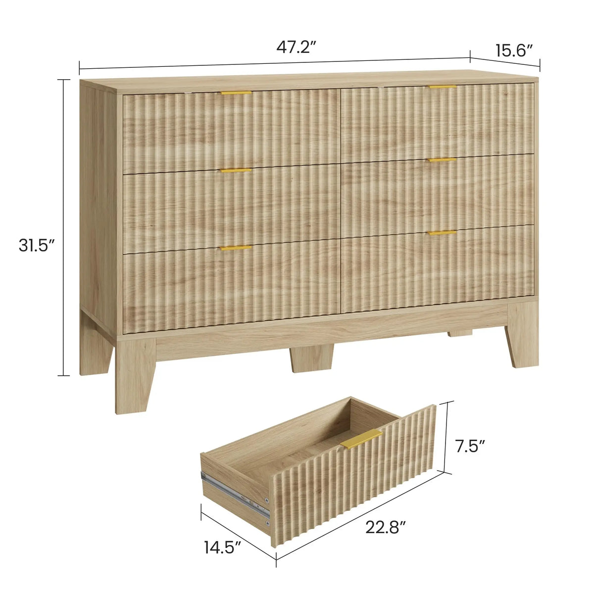 Modern Fluted Six Drawer Dresser With Metal Handles And Storage