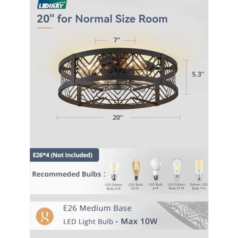 Caged Ceilg Fan with Light, Small Flush Mount Ceilg Fan with AppandRemote, Low Profile Bladeless Ceilg Fan for Bedroom, Kitchen