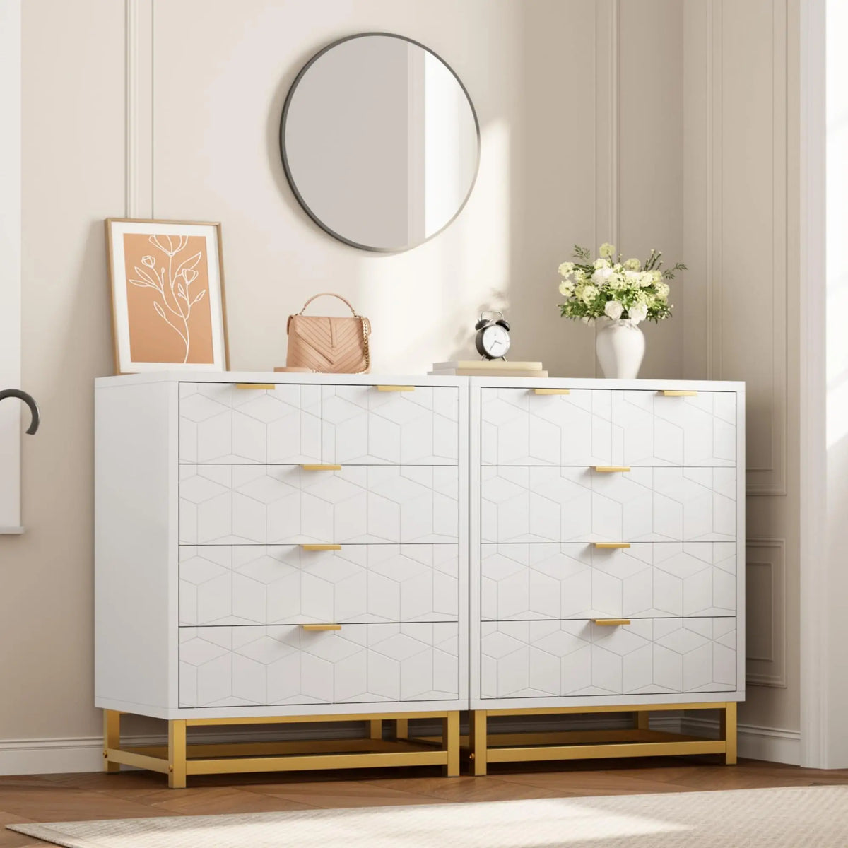 Modern Five Drawer Wood Dresser With Metal Base Storage Cabinet