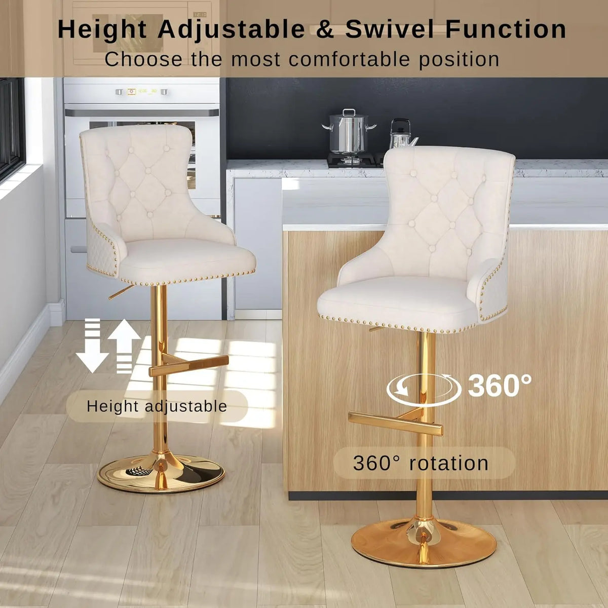 Velvet Bar Stool Set 2 Swivel Counter Height Adjustable Nailhead Gold Metal Base Kitchen Dining, Custom