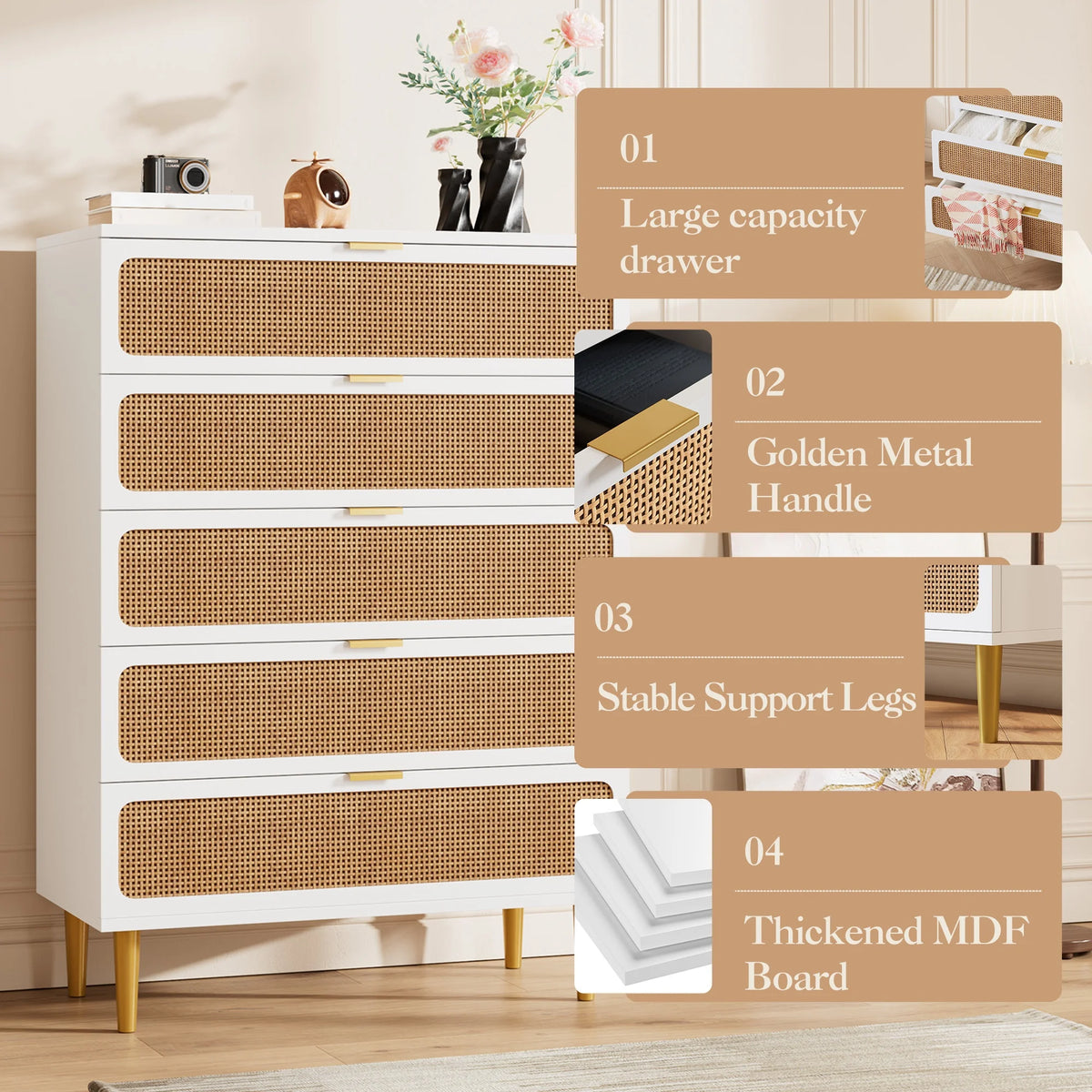 GAOMON Rattan Five Drawer Dresser With Wooden Frame Storage
