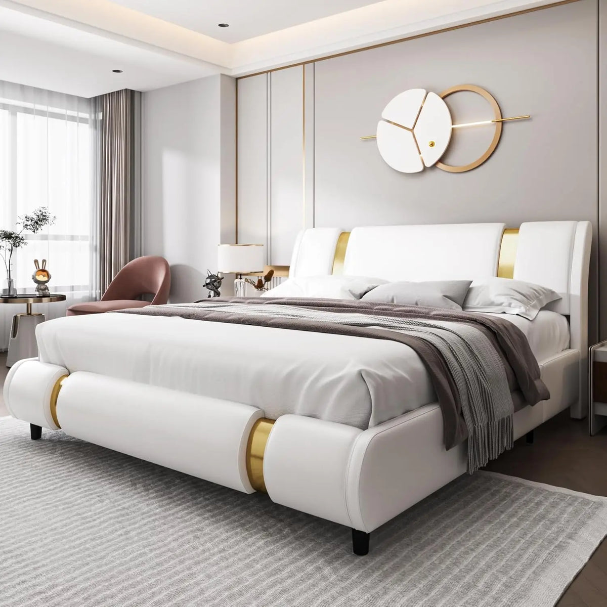 Faux Leather Platform Bed With Adjustable Headboard And Wood Slats