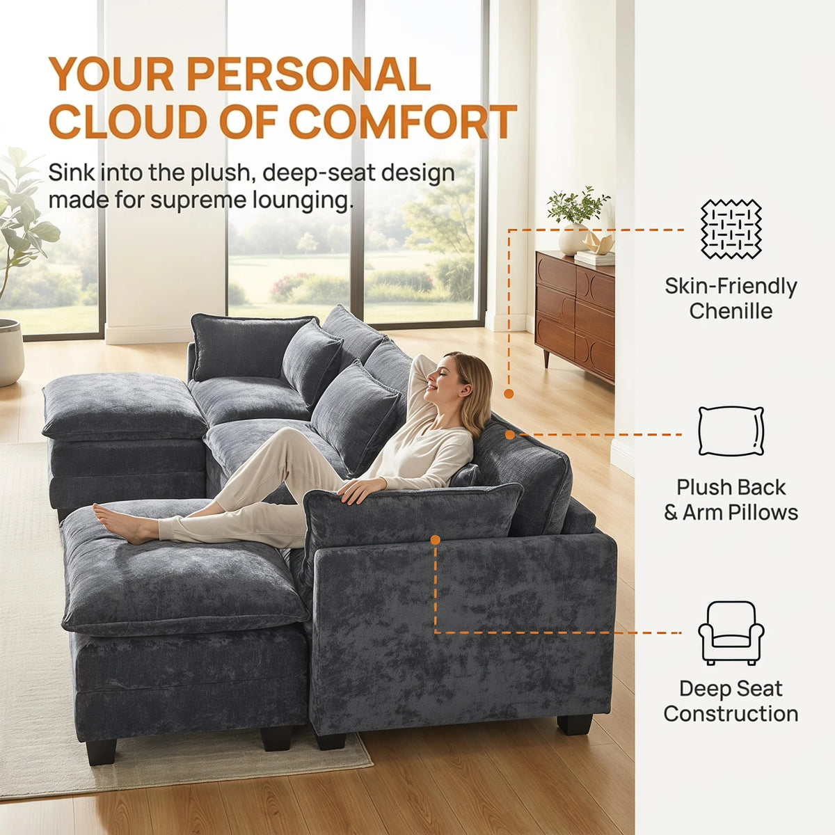 CHITOOMA U Shaped Modular Sectional Sofa with Movable Ottoman and Pillows