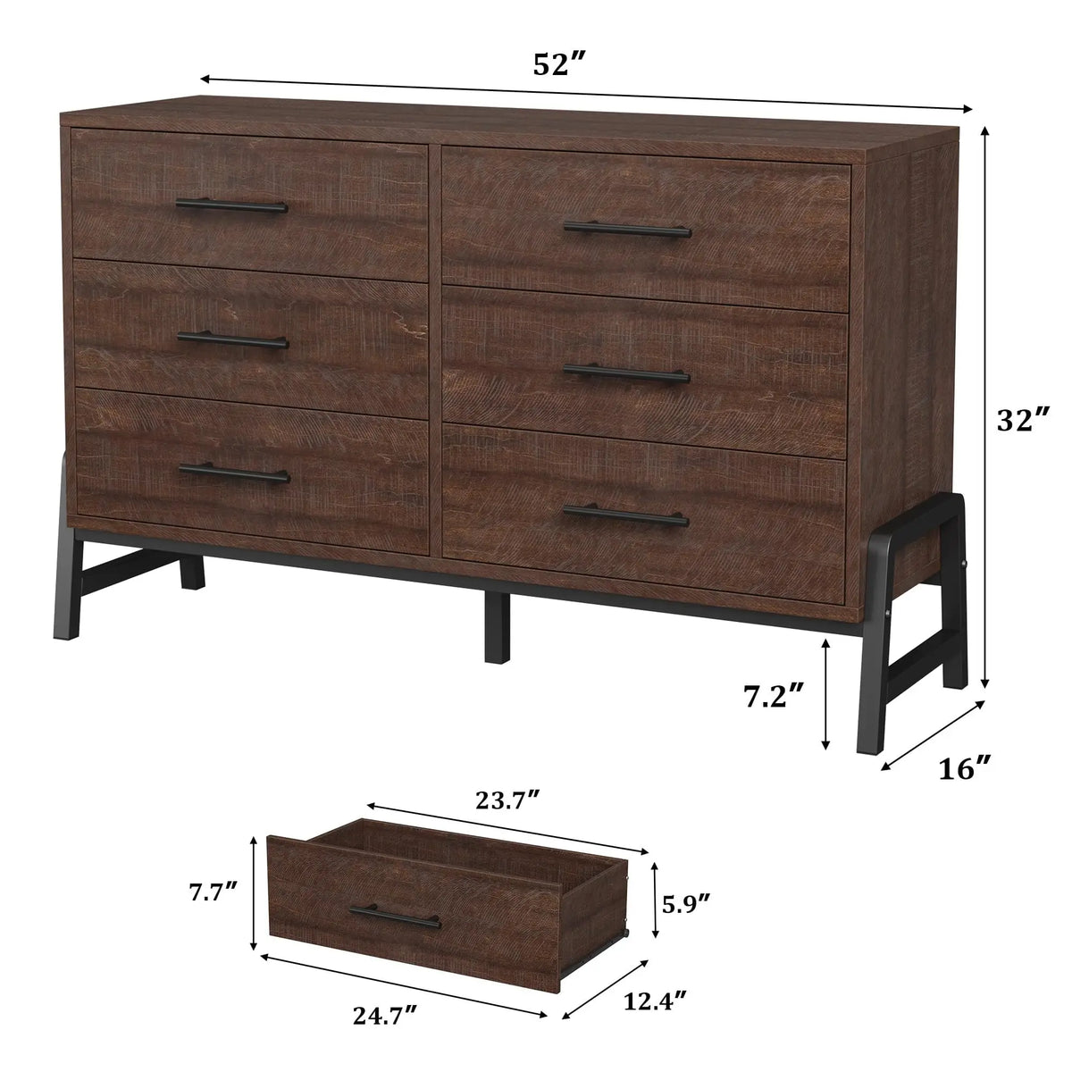 Six Drawer Wooden Dresser With Metal Feet For Bedroom Storage