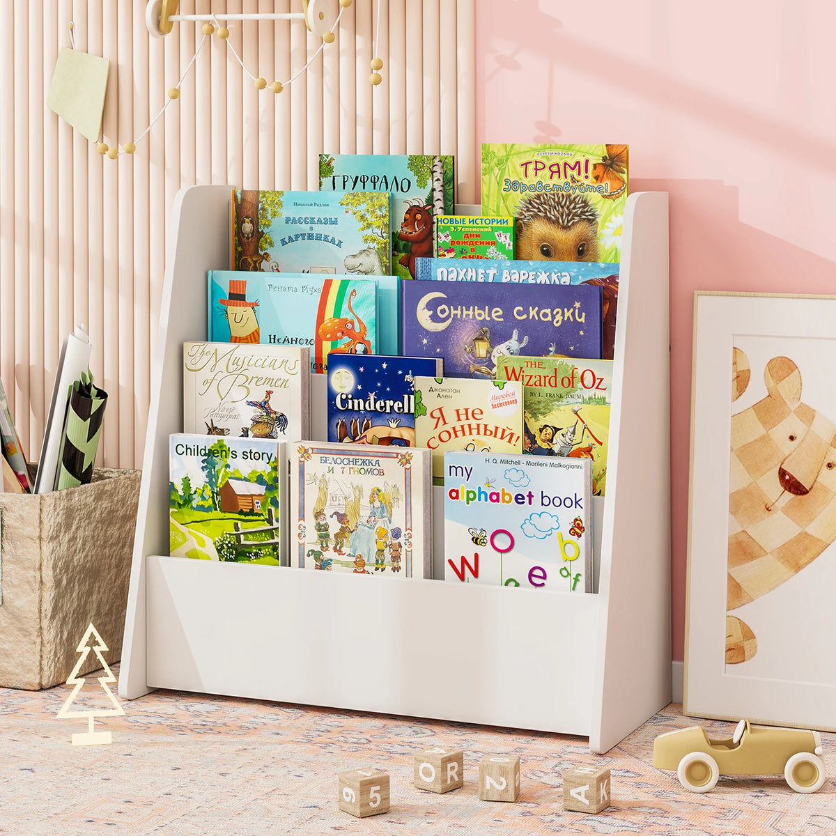 4-tier Kids Wooden Bookshelf Toddlers Book Rack w/ Deep Shelves Natural