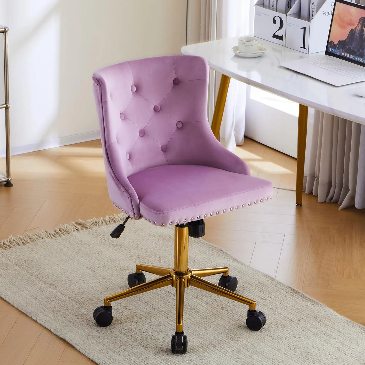 VINGLI Small Cute Green Velvet Office Desk Chair Gold Base Adjustable Swivel Armless Makeup Vanity Chair For Women Girls