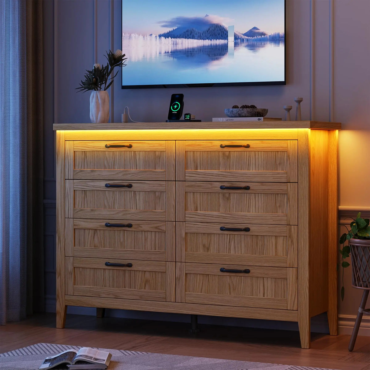 GarveeLife Modern Wooden Dresser With LED Lights And Power Outlet
