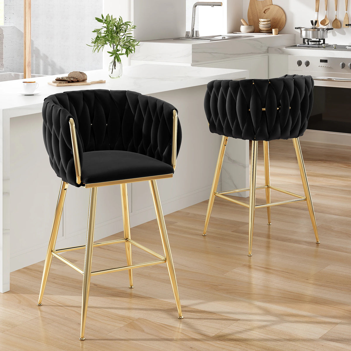 Farini Set of 2 26" Bar Stools, Modern Mid-Century Kitchen Stools with Back, Metal Legs, for Kitchen, Dining Room