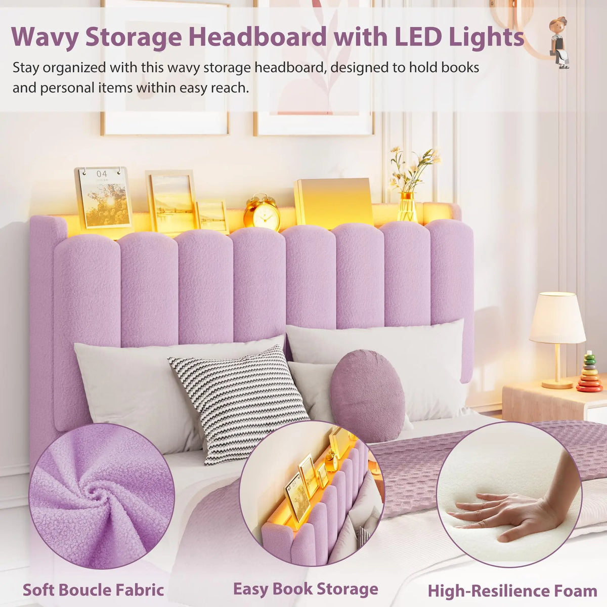 GAOMON Upholstered Bed with RGB LED Lighting and Storage Drawers