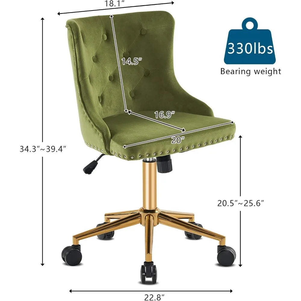 VINGLI Small Cute Green Velvet Office Desk Chair Gold Base Adjustable Swivel Armless Makeup Vanity Chair For Women Girls