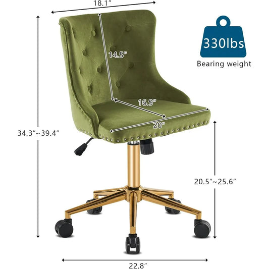 VINGLI Small Cute Green Velvet Office Desk Chair Gold Base Adjustable Swivel Armless Makeup Vanity Chair For Women Girls