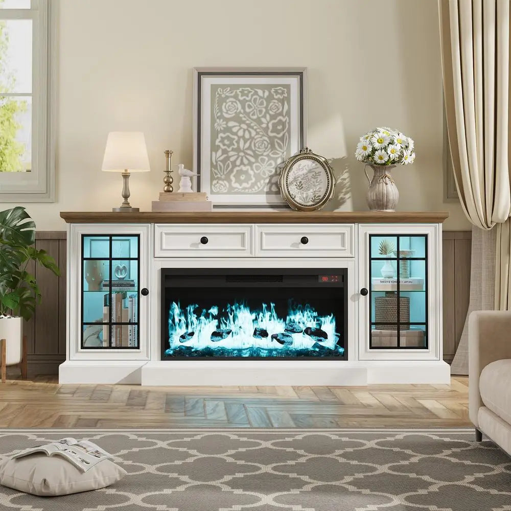 XMSJ Farmhouse TV Stand With Electric Fireplace And LED Lights
