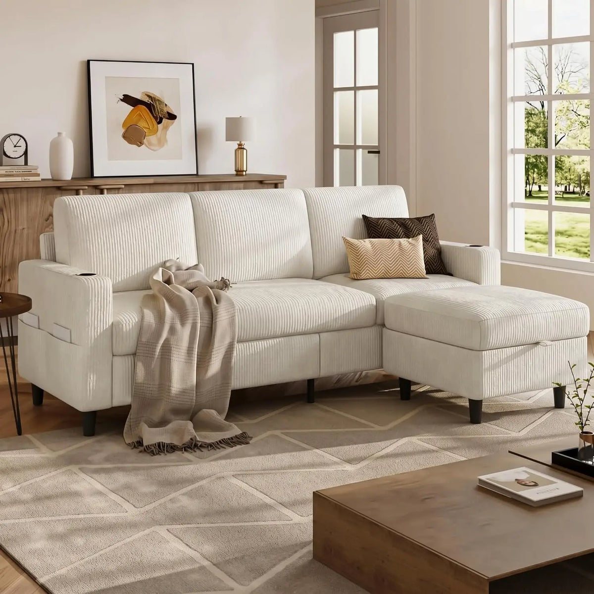 Convertible Sectional Sofa With Storage Ottoman And Cup Holders