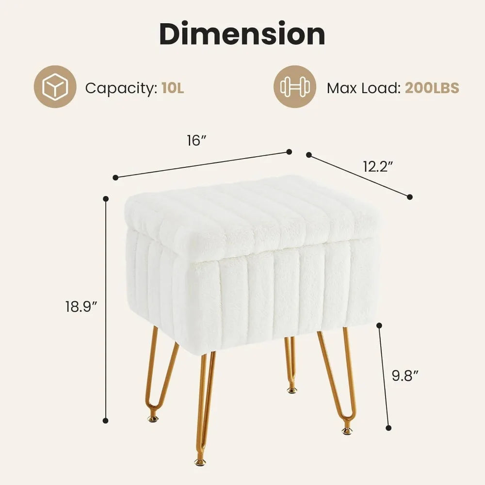 Storage Ottoman Chair With Faux Fur Seat And Metal Legs