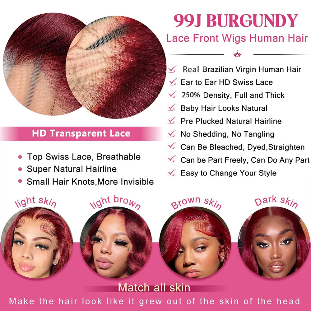 250% 13x4 HD Transparent 99J Burgundy Loose Wave Lace Front Wigs Deep Wave Frontal Wig Colored 99j Burgundy Deep Curly Lace Front Human Hair Wigs Preplucked For Women
