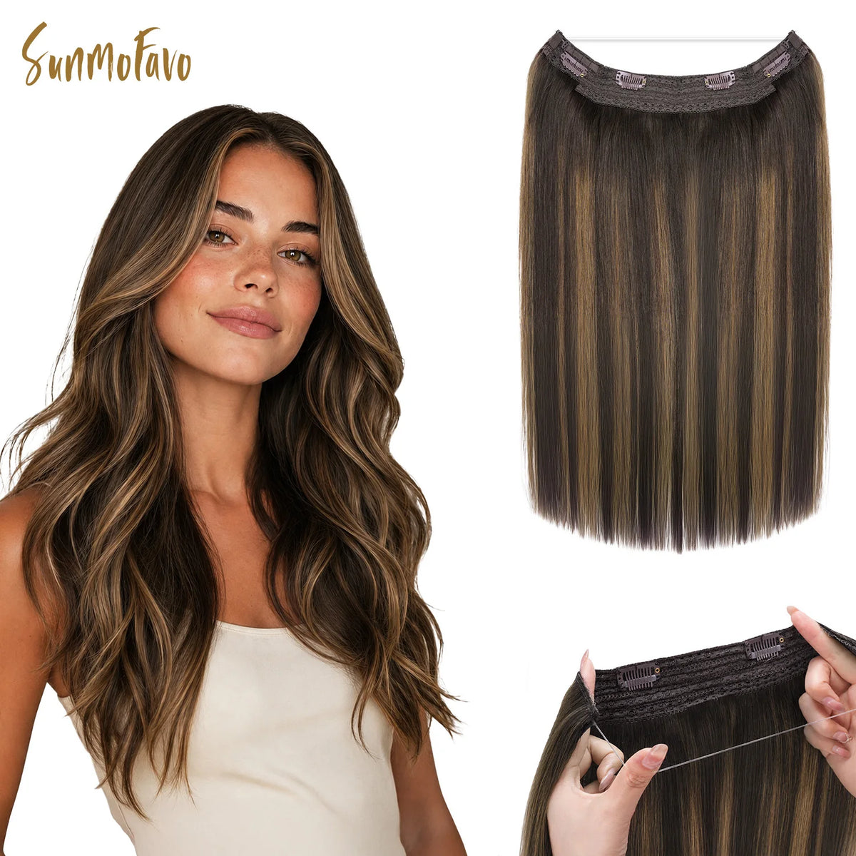Sunmofavo 100% Real Remy Human Hair Halo Wire Hair Extensions,Free To Restyle, Full Hair Density, 2‑6‑2 Balayage Dark Brown Mixed Chestnut Brown 20 Inch, Invisible Fish‑Line With Adjustable Size, All‑Day Secure Fit,Fa