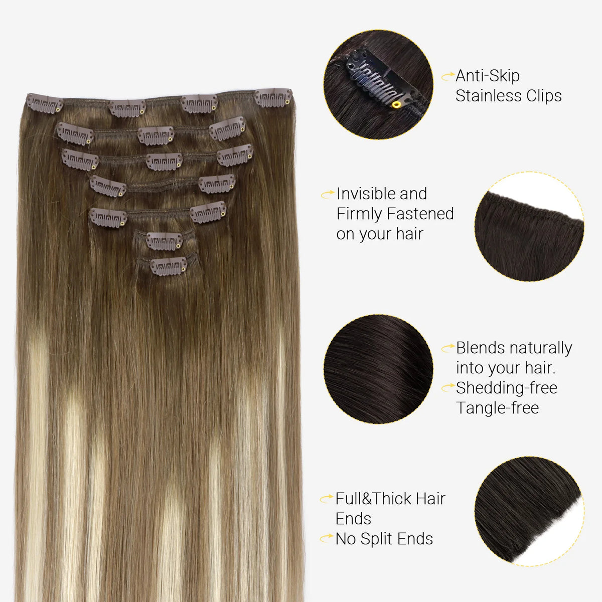 Sunmofavo Clip In Human Hair Extensions 100% Remy Straight, 3‑8‑613 Walnut Brown Bleach Blonde Ombre, Seamless Clip‑On Hairpieces 7Pcs 120G For Fine Thin Hair Silky Smooth Re‑Stylable Non‑Slip Clips For Women Daily