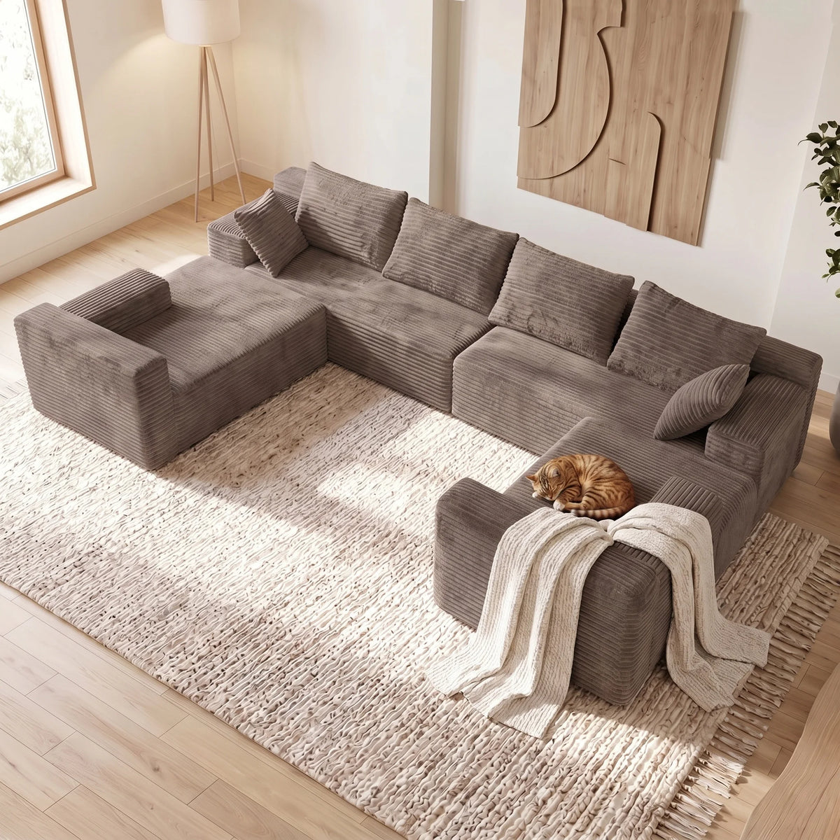 U-Shaped Corduroy Sectional Sofa With Deep Seat Cloud Comfort