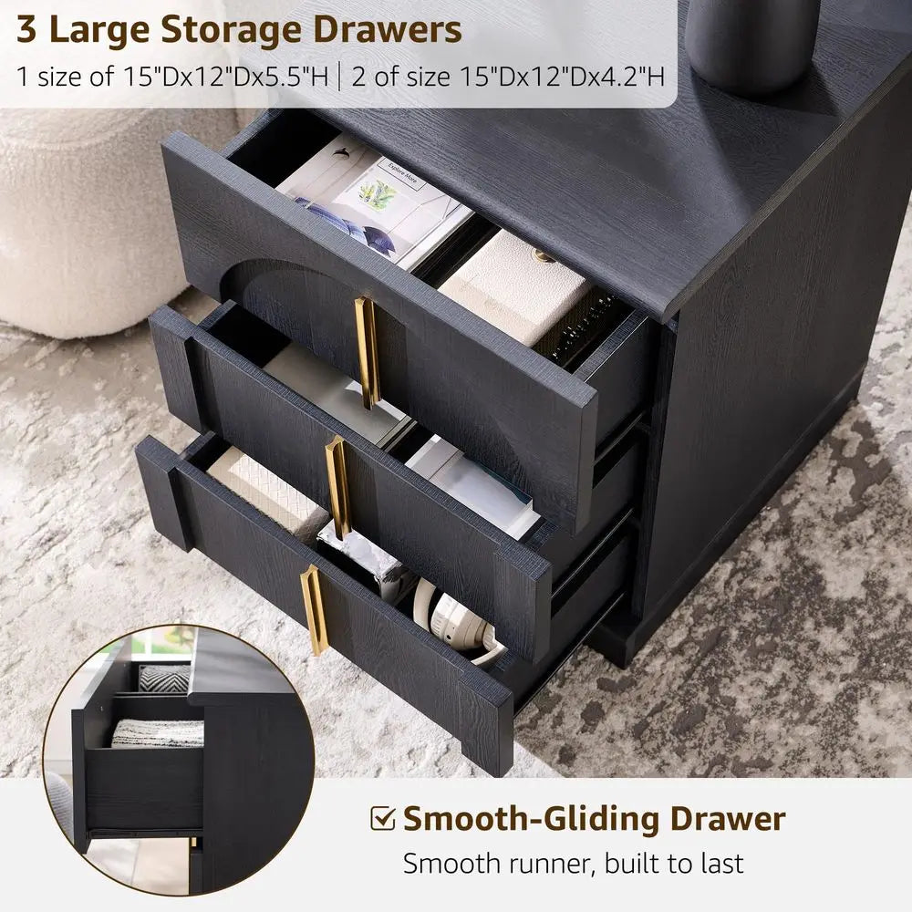 XMSJ Arched Nightstand Set with Charging Station and Three Drawers