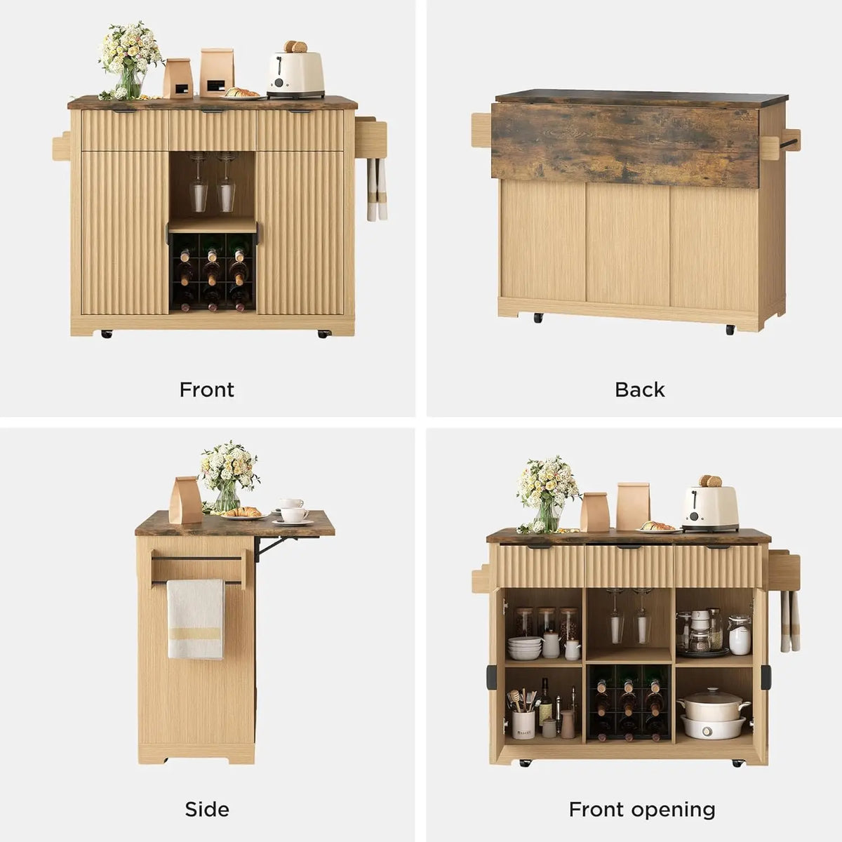 Kitchen Island With Foldable Drop Leaf And Wine Cabinet