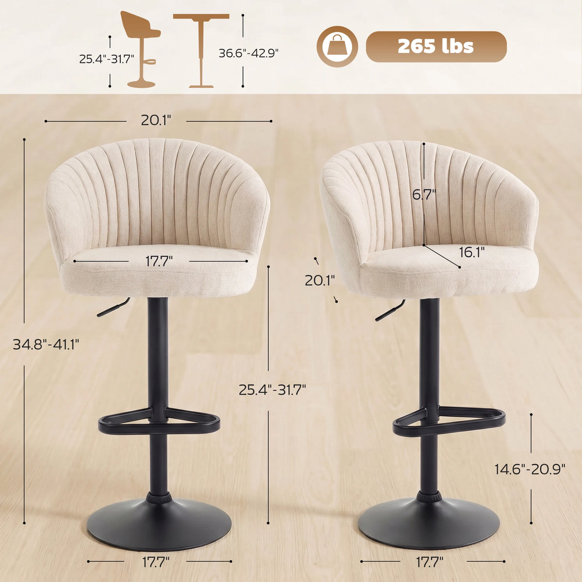 HOMCOM Adjustable Swivel Bar Stools With Linen Upholstery and Footrest