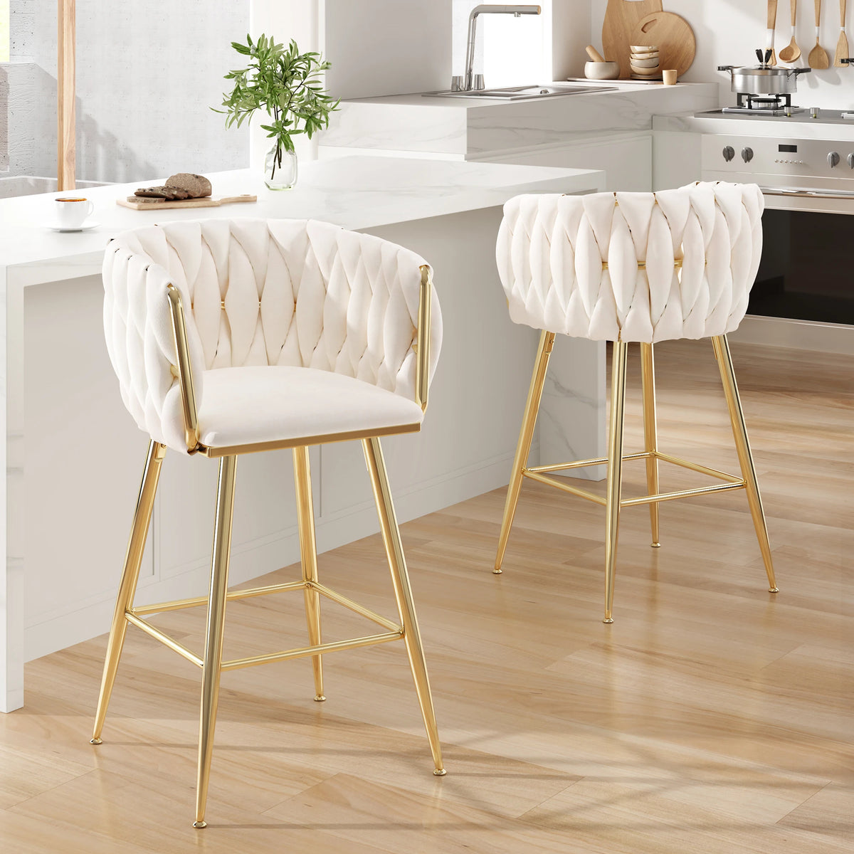 Farini Set of 2 26" Bar Stools, Modern Mid-Century Kitchen Stools with Back, Metal Legs, for Kitchen, Dining Room