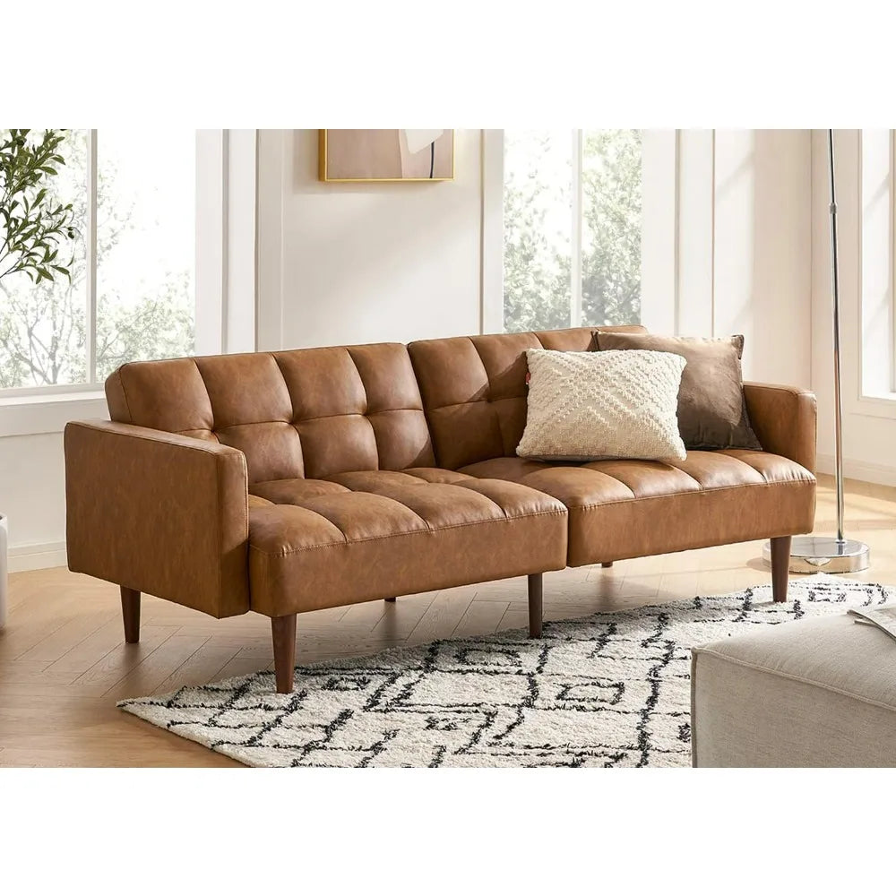mopio 76.4" Mid Century Futon Sofa Bed PU Leather Loveseat Living Room Pecan Brown