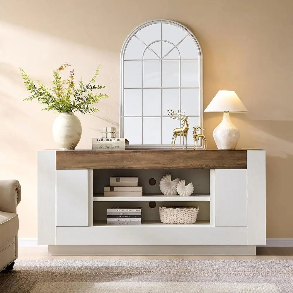 Modern Wood TV Stand With Open Storage And Side Cabinets