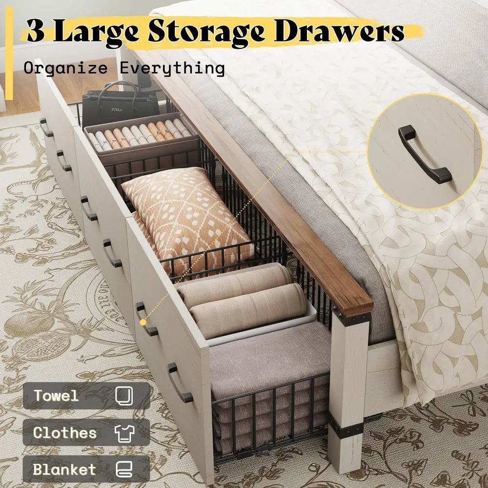 XMSJ Farmhouse Platform Bed Frame With Geometric Headboard And Storage