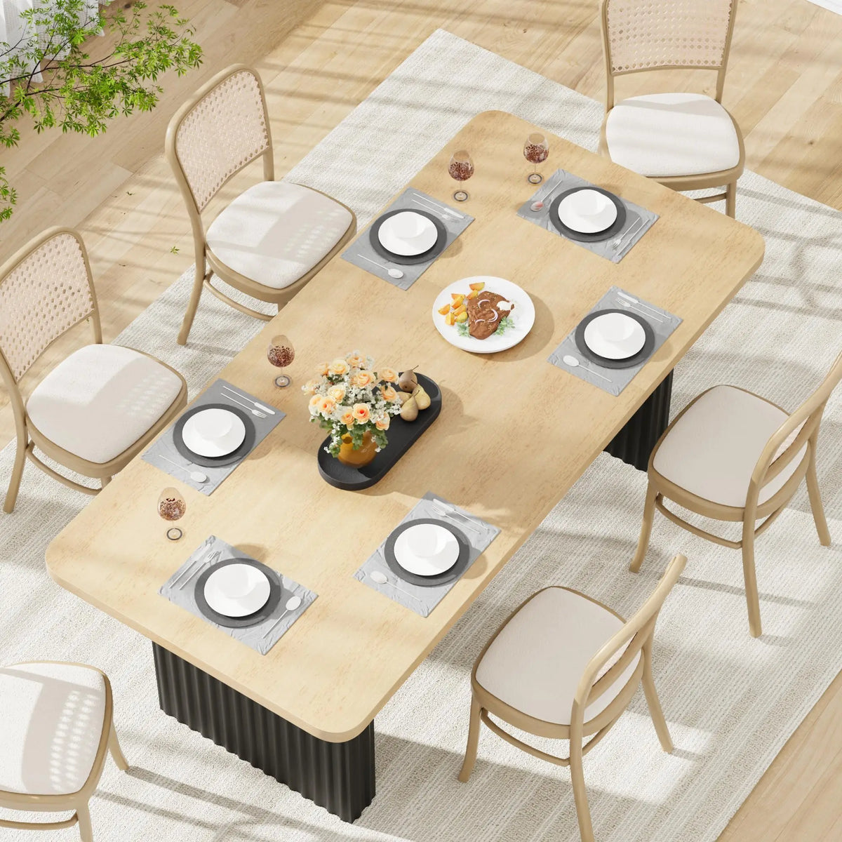 71 Inch Industrial Dining Table For 6-8, Farmhouse Rectangular Kitchen Table With Rustic Wood Top And Black Fluted Metal Legs
