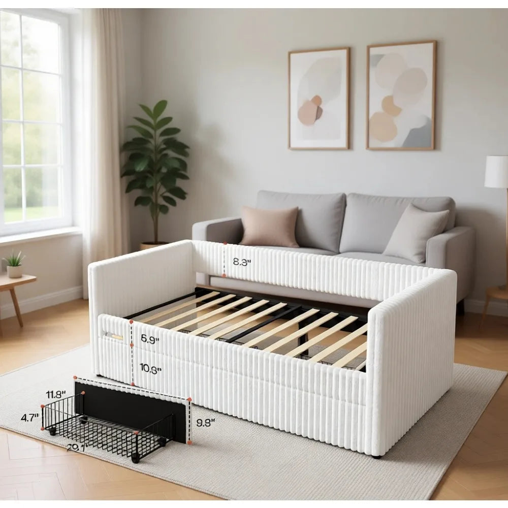 Faux-Fur Daybed With Storage Drawers And Night Light Easy Assembly
