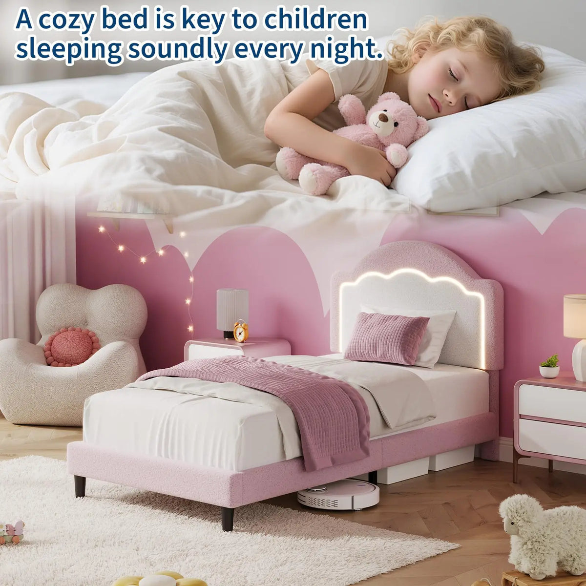 Kids Upholstered Platform Bed With LED Headboard And Wood Slats