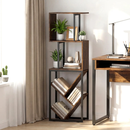 6-Tier Bookshelf, Industrial S-Shaped Geometric Bookcase w/ Open Display Shelves