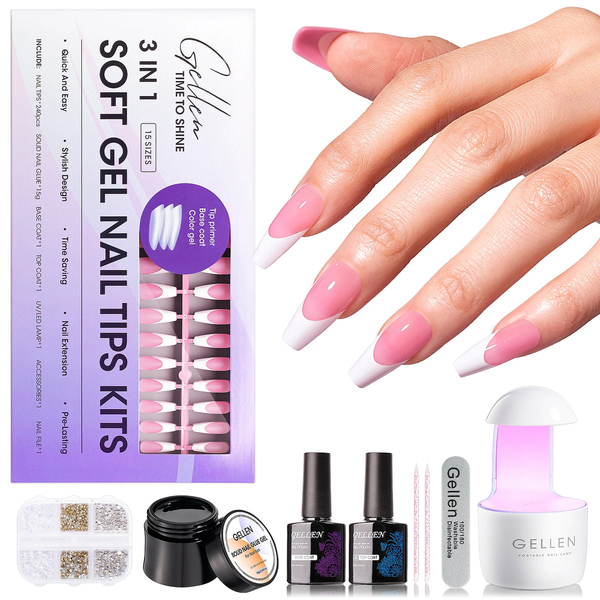 GELLEN Gel Nail Kit With Press On Nails French Tip UV Lamp