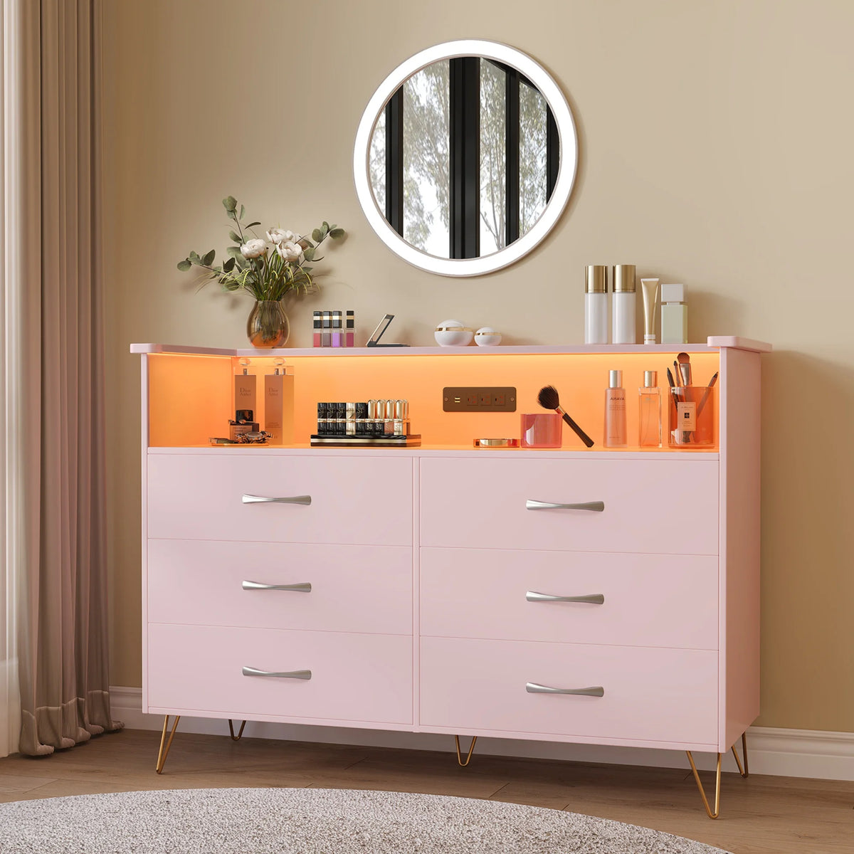 Dresser With LED Lighting, Charging Station And Open Shelves