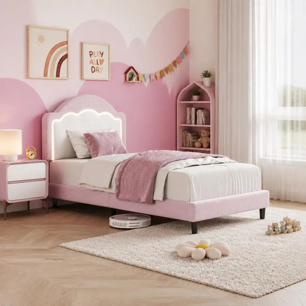 Kids Upholstered Platform Bed With LED Headboard And Wood Slats