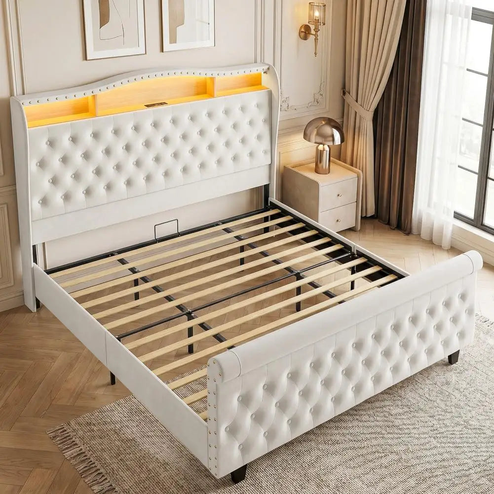 Bedstead King Size Velvet Upholstered Bed Frame with Led Light Built-in Charging Station Storage Space Twin Sleigh Bed