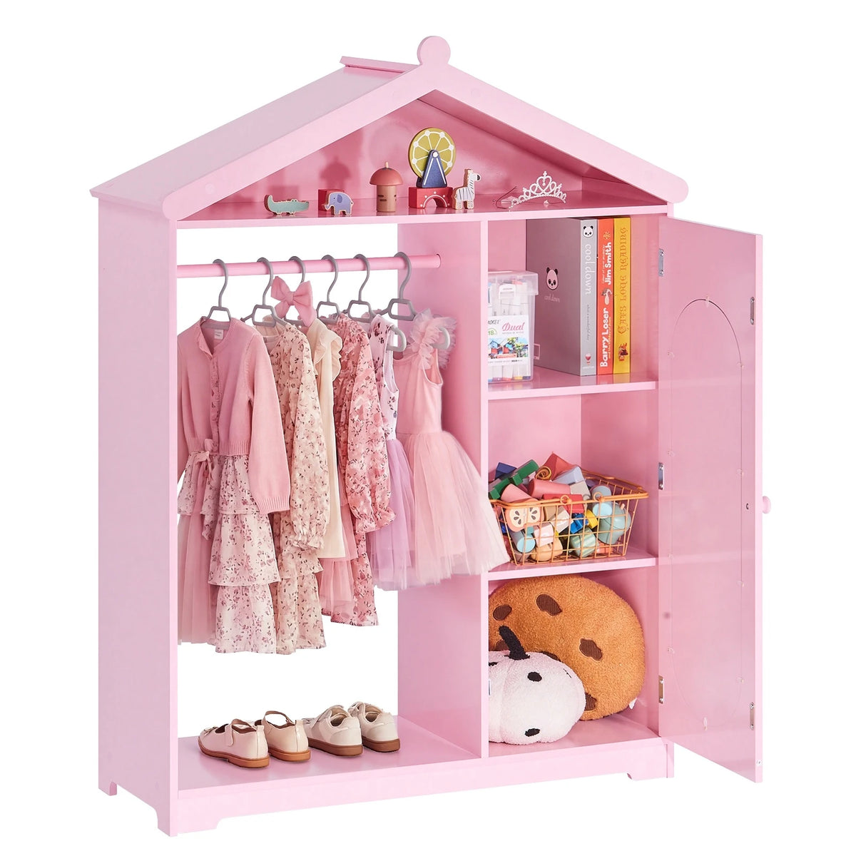 SucceBuy Kids Dress Up Storage with Mirror & Dress Up Closet Kids Armoire Wardrobe Costume Organizer for Girls Toddler Bedroom