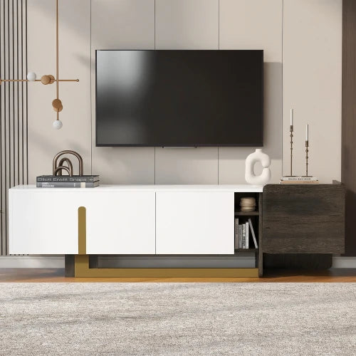 66.7'' Light Luxury TV Stand: Fits 70" TVs. Modern, metal legs, 1 drawer, 2 cabinets, adjustable shelves—living room.