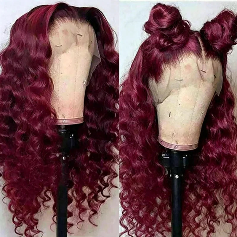250% 13x4 HD Transparent 99J Burgundy Loose Wave Lace Front Wigs Deep Wave Frontal Wig Colored 99j Burgundy Deep Curly Lace Front Human Hair Wigs Preplucked For Women
