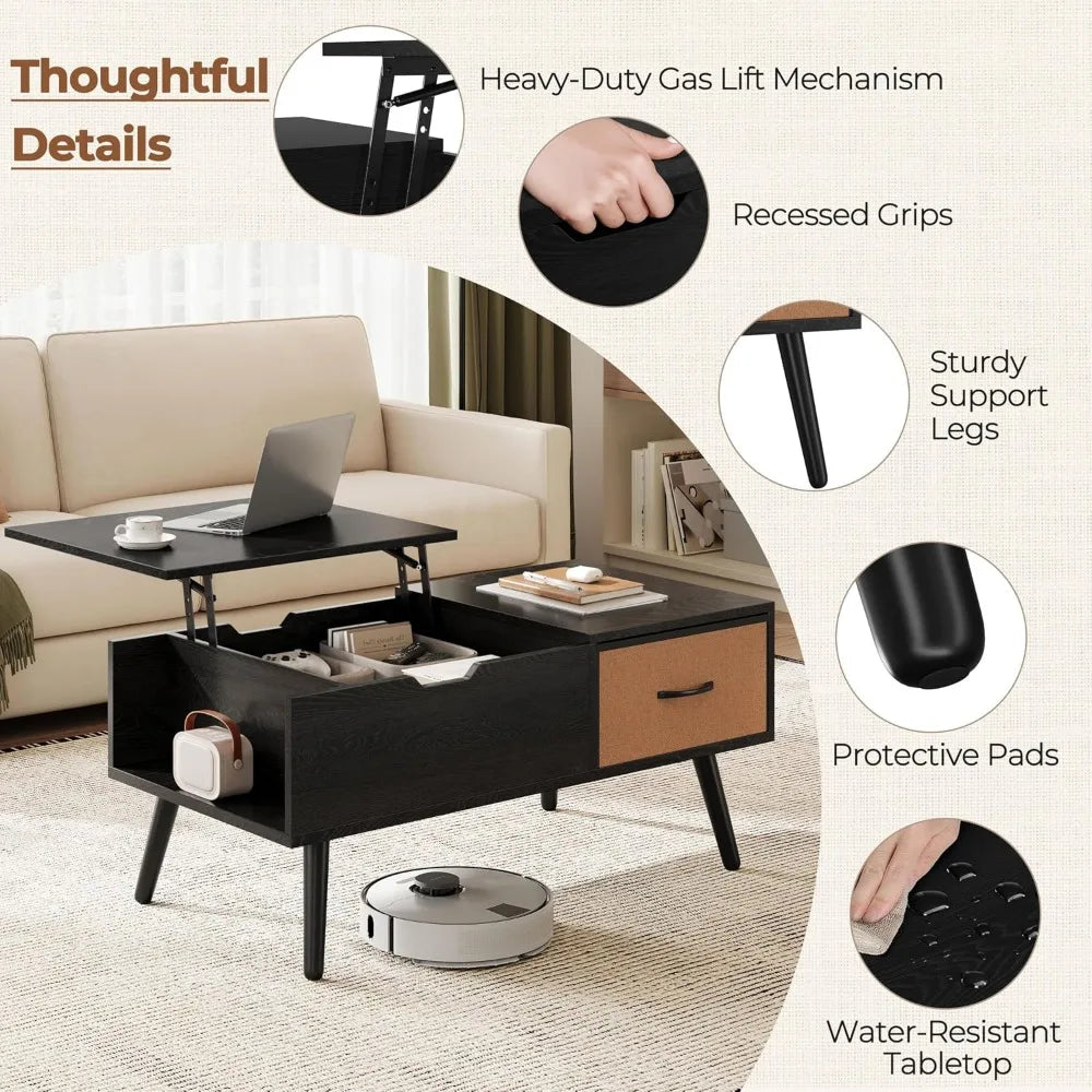 Lift Top Coffee Table Storage Shelf Hidden Compartment Living Room