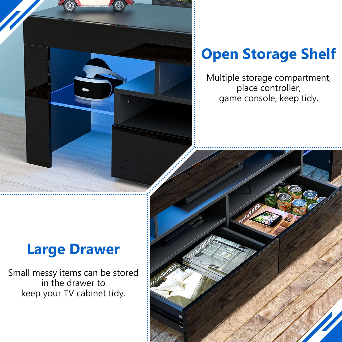 QiaoShiRen 71 Inch Modern Black LED TV Stand With Storage