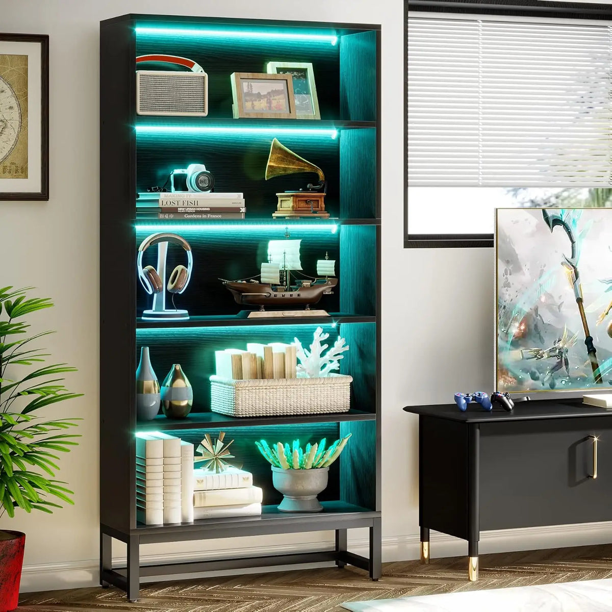 Tribesigns Five Tier Free Standing Library Bookcase With LED Lights