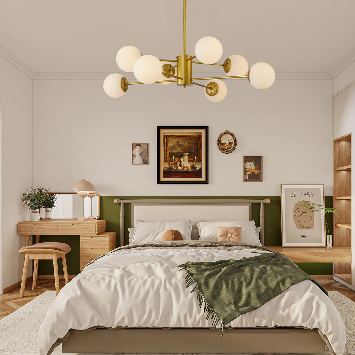 Longree Modern 8 Light Gold Chandelier With White Glass Globes