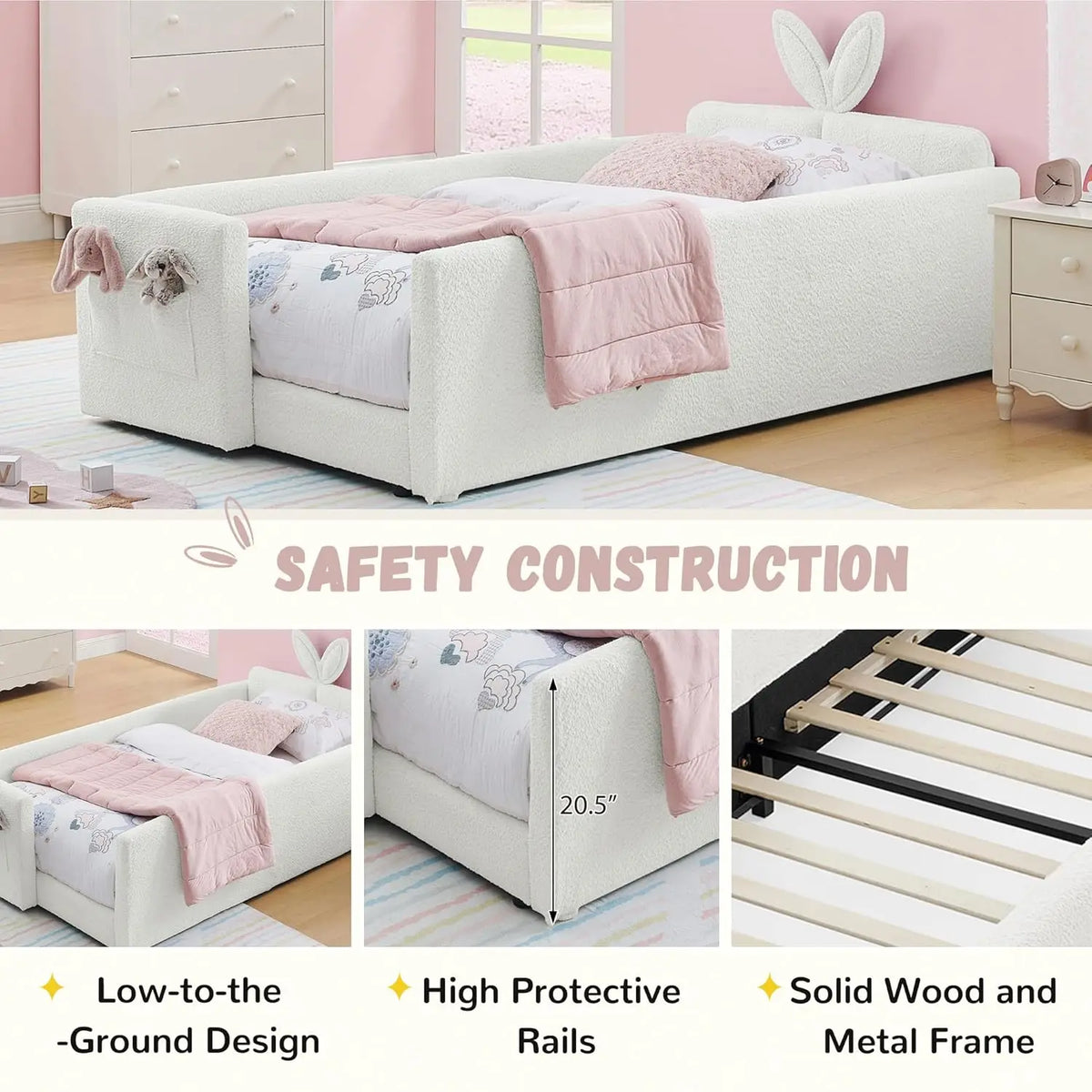 Twin Size Platform Bed,Boucle Upholstered Rabbit Ear Headboard with Pocket & Guardrail for Kids Room,Beige,Customized