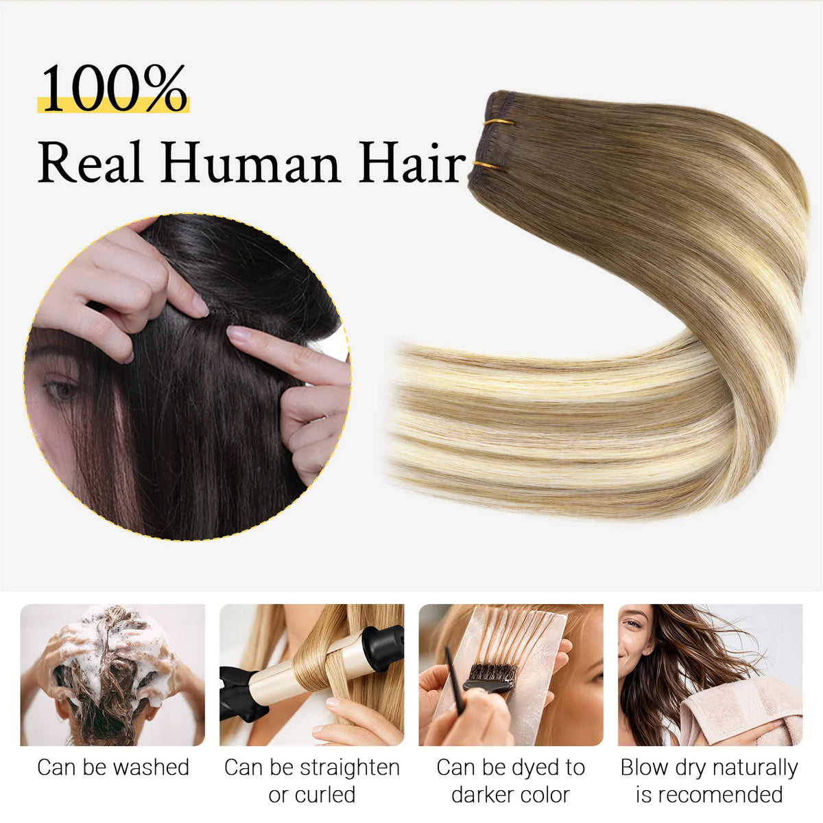 Sunmofavo Clip In Human Hair Extensions 100% Remy Straight, 3‑8‑613 Walnut Brown Bleach Blonde Ombre, Seamless Clip‑On Hairpieces 7Pcs 120G For Fine Thin Hair Silky Smooth Re‑Stylable Non‑Slip Clips For Women Daily