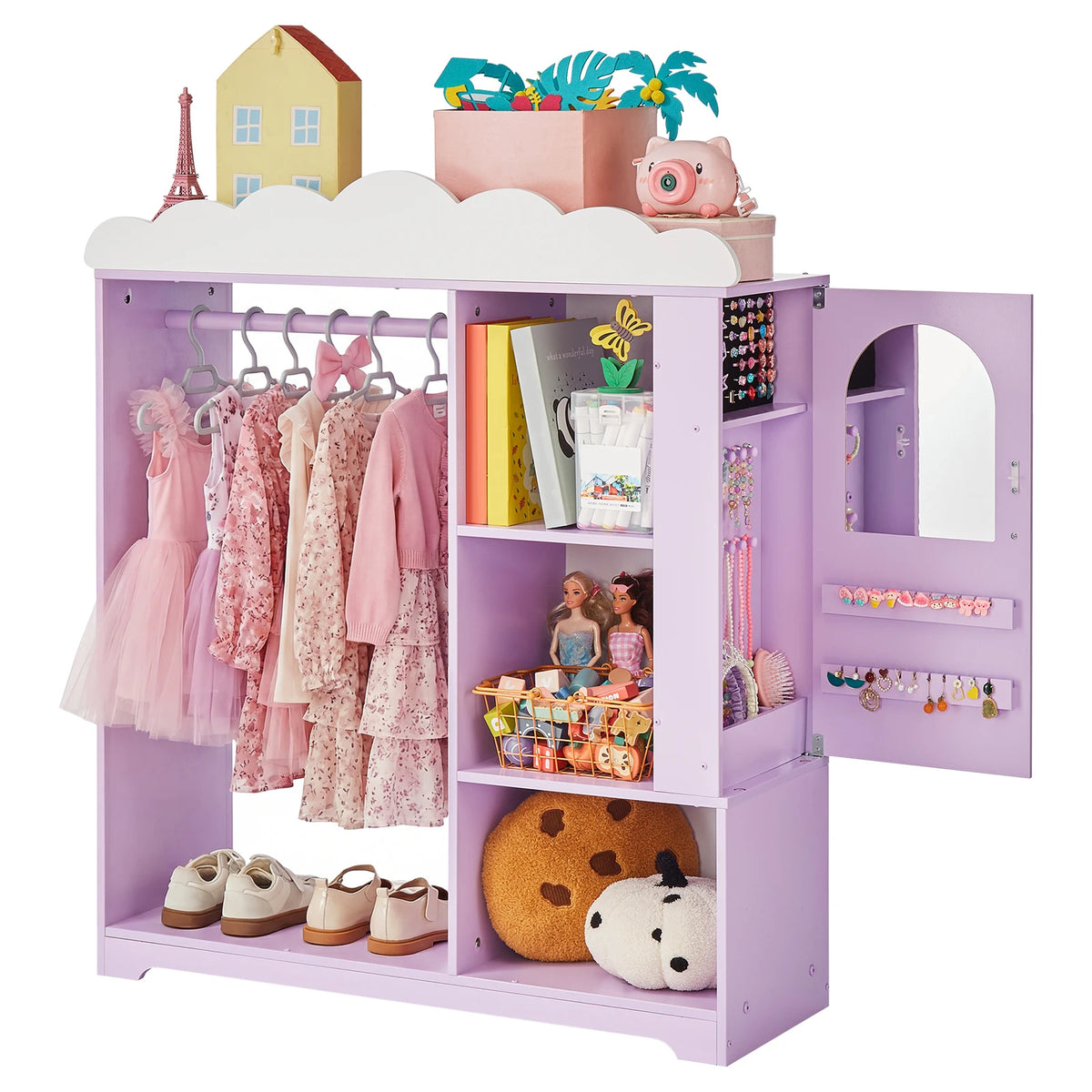 SucceBuy Kids Dress Up Wardrobe Closet With Mirror And Shelves