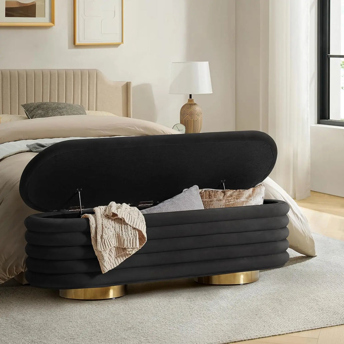 Velvet Storage Bench With Button Tufting