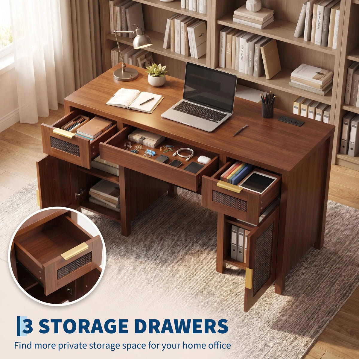 HiMISS Modern Wooden Office Desk With Drawers And Cabinet Storage
